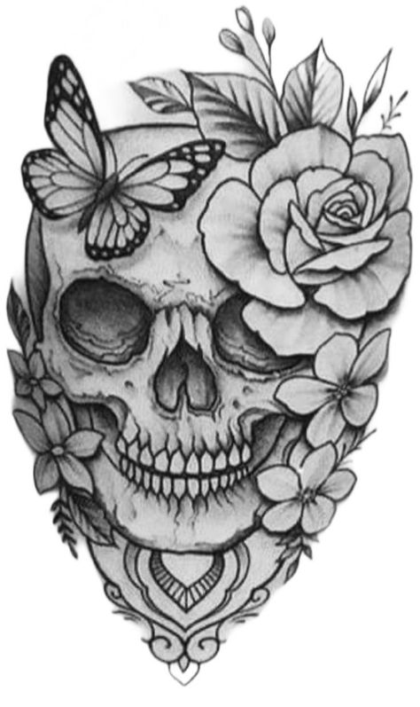 Flower Star Tattoo, Tattoo Pierna Mujer, Butterfly Skull Tattoo, Floral Skull Tattoos, Skull Butterfly Tattoo, Skull Tattoo Flowers, Rose And Butterfly Tattoo, Band Tattoos For Men, Butterfly Tattoo Stencil