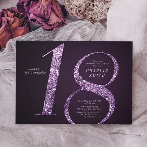 Modern minimalist purple glitter 18th birthday invitation - tap/click to get yours right now! #invitation #elegant, #typography, #simple, #minimalist #birthday 18th Birthday Invitation, Birthday Elegant, Minimalist Birthday, Surprise Birthday Invitations, Classic Serif Fonts, Purple Foil, 21st Birthday Invitations, Modern Birthday, Elegant Typography