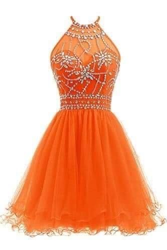 Prom Dress Orange, Short Orange Dress, Halter Homecoming Dress, Orange Homecoming Dresses, Orange Prom Dresses, Dress Beading, Homecoming Dress Short, Halter Cocktail Dress, Neon Dresses