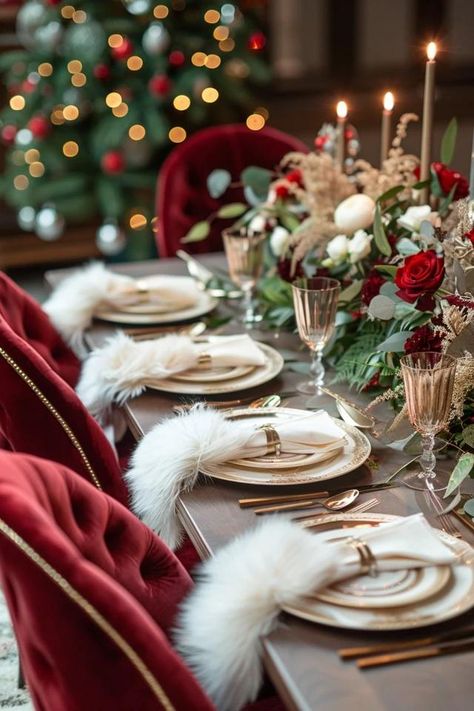 Elegant Seating with Christmas Theme Dining Chairs Christmas Dining Table Decorations, Birch Wood Candle Holders, Red Flower Arrangements, Dining Table Decorations, Wooden Dining Table Rustic, Silver Candelabra, Christmas Dining Table, Christmas Sparkle, Christmas Dining Room