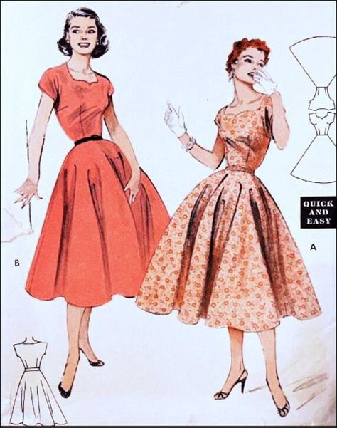 "Butterick 6937 Dress with Circle Skirt Size 14 Bust 32\" Waist 26.5\" Hips 35\" Pattern is Gently Used, Counted, Complete and Pressed My environment is Smoke and Pet Free Description: 1954; Quick & Easy Dress: Cut-Out Neckline. For gayer evening: a shimmering lace dress (full--lined) with dew-drop neckline, cropped sleeves, wide whirling skirt (View A). Alternate party favorite: no lining, choice of fabrics, higher neckline (View B). Don't pass up this Vintage Pattern because it is the wrong Si 1950 Dress Patterns, 1950s Evening Dress, 50s Fashion Aesthetic, 50s Vintage Aesthetic, 1950s Fashion Casual, Coquette 60s, 50s Style Dresses, 40s Dresses, 50s Dress Pattern