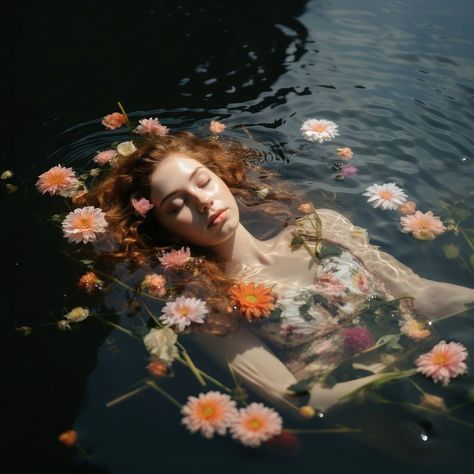 Floating flower swimming portrait.  | premium image by rawpixel.com / Pinn Flower Bath Aesthetic, Water Photography Ideas, Woman Floating In Water, Flowers Floating In Water, Underwater Woman, Person Floating, Flower Pounding, Flowers In Water, Aesthetic Bath