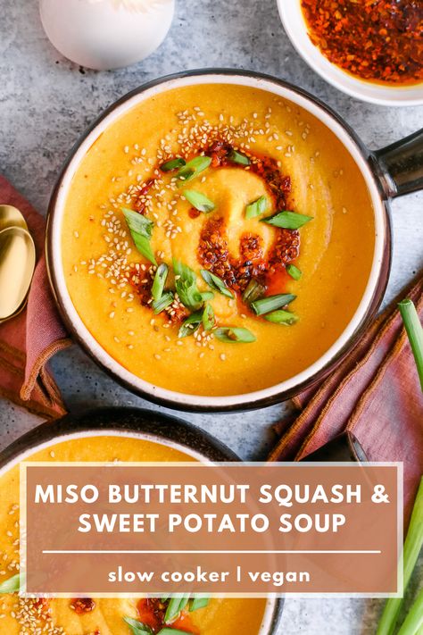 Butternut Squash Miso Soup, Miso Butternut Squash Soup, Slow Cooker Miso Soup, Sweet Potato Miso Soup, Pescatarian Slow Cooker Recipes, Squash Soup Slow Cooker, Butternut Squash Soup Slow Cooker, Blended Soups, Squash And Sweet Potato Soup