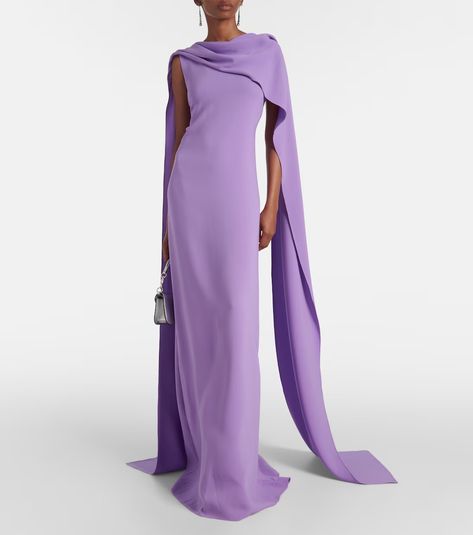 Caped silk-blend georgette gown in purple - Oscar De La Renta | Mytheresa Cocktail Party Gowns, Vestidos Oscar, Summer Evening Dress, Purple Gown, Georgette Gown, Dress Cape, Oscar Dresses, Boho Chic Dress, Linen Maxi Dress