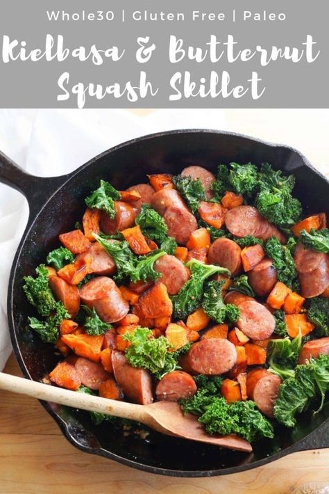 A one-pan meal that's Whole30, Paleo, and Gluten Free! This Sautéed Kielbasa, Butternut Squash, and Kale Skillet recipe is as simple as it gets for a great weeknight dinner! #cookathomemom #whole30recipes Butternut Squash Skillet, Kale Skillet, Butternut Squash And Kale, How To Cook Kielbasa, Easy Skillet Dinner, Quick Meals To Make, Best Easy Dinner Recipes, Frozen Butternut Squash, Kielbasa Sausage