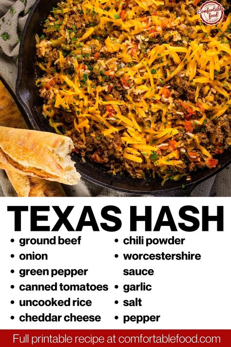 Texas Hash is the tried-and-true hearty, easy weeknight meal that is hard to beat! It is one of those comforting and tasty ground beef recipes that the whole family love, and it's ready to serve in just 40 minutes. Beef And Hashbrown Recipes, Cast Iron Ground Beef Recipes, Texas Hash Recipe, Tasty Ground Beef Recipes, Mexican Ground Beef Recipes, Hash Recipes, Texas Hash, Hamburger Hash, One Pot Mexican