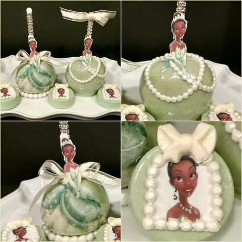 Princess theme Candy Apples Princess Tiana Birthday Party, Tiana Birthday Party, Apple Cake Pops, Gourmet Candy Apples, Candy Apple Recipe, Gourmet Caramel Apples, Chocolate Covered Apples, Gourmet Apples, Apple Treat