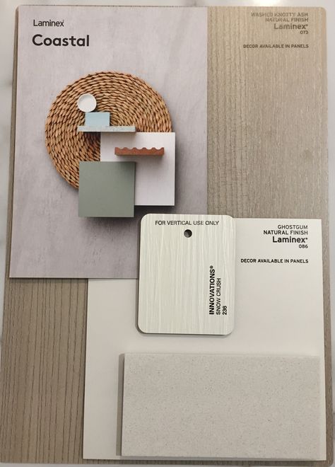 Laminex & essastone Coastal Colour Scheme - Washed Knotty Ash, Ghostgum, Innovations Snow Crush, Coastal Colour Scheme, Dads Office, Coastal Color Scheme, Coastal Luxe, Material Board, Coastal Colors, Coastal Kitchen, Colour Chart, Updated Kitchen