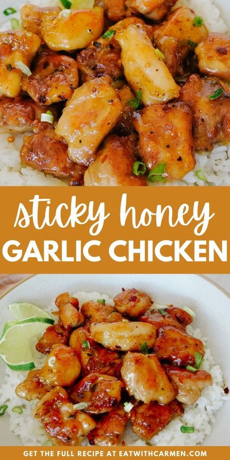 Honey Garlic Chicken Bites Recipe - Easy, Sticky and Juicy: Easy, sticky, and juicy honey garlic chicken bites cooked in the air fryer. Perfect for a quick and tasty meal. Honey Garlic Chicken Bites, Sticky Honey Garlic Chicken, Garlic Chicken Bites, Chicken Bites Recipe, Dessert For Fall, Chicken Bites Recipes, Honey Garlic Chicken Thighs, Asian Chicken Recipes, Sweet Chicken