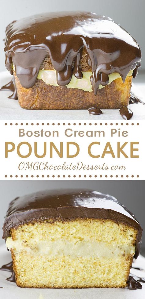 Boston Cream Pie Pound Cake - magnificent, smooth and creamy filling with vanilla flavor sandwiched between two cake layer, topped with rich chocolate ganache! Winning combo! Boston Cream Pie, Boston Cream, Vanilla Flavor, Pound Cake Recipes, Savoury Cake, Chocolate Baking, Cream Pie, Chocolate Ganache, Pound Cake