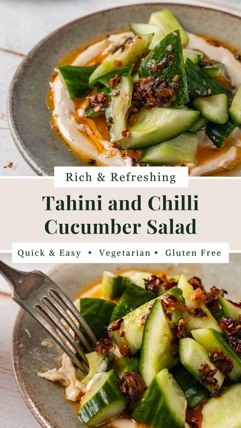 An ode to my favourite chinese smashed cucumber salad, this delicious, umami-packed salad is zingy, spicy, and creamy all in one bite. This smooth, rich tahini dressing and crrrrrunchy cucumber salad is an easy recipe to keep in your back pocket for date night. It takes only 8 steps and 6 ingredients to put this quick and easy dish together. Cucumber Tahini Dressing, Tahini Cucumber Salad, Cucumber Salad Indian, Middle Eastern Cucumber Salad, Indian Cucumber, Balanced Salad, Smashed Cucumber, Smashed Cucumber Salad, Packed Salad