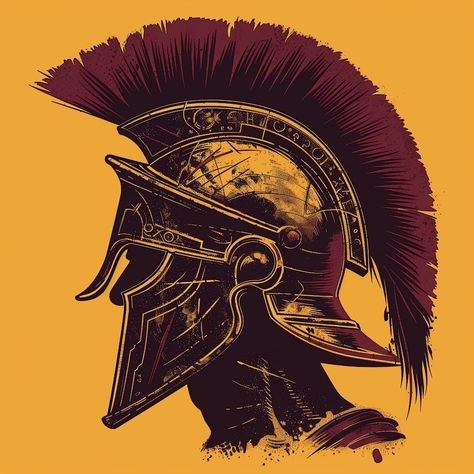 Today's Midjourney Experiment. Prompts: Spartan helmet, profile shot, graphic novel style, brandmark, high contrast, iconic, monochromatic, deep burgundy, etched Greek patterns and markings, isolated, flat gold background --stylize 300 --v 6 Graphic Novel Style, Newsletter Inspiration, Greek Pattern, Spartan Helmet, Gold Background, Deep Burgundy, High Contrast, Design Working, Design Process