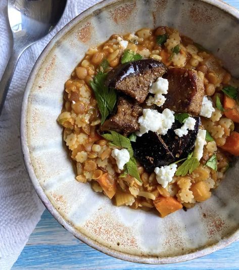 Lentil and Orzo with Roasted Eggplant - Kidney Kitchen Eggplant Stew, Lentils Recipe, Citrus Zester, Orzo Soup, Roasted Eggplant, Roast Eggplant, Small Pasta, Lentil Recipes, Pasta Shapes