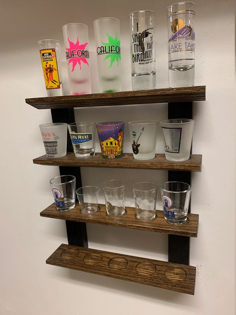 Shot Glass Display Diy, Shot Glass Display Ideas, Diy Shot Glass Display, Liquor Shelf Ideas Display, Liquor Shelf Ideas, Shot Glass Shelf, Jordan Bedroom, Shot Glass Collection, Shot Glass Display