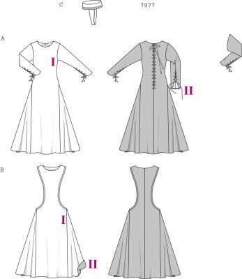 Burda 7977 "Misses Medieval Dress Costume" Reportedly goes together in 9 hours. Medieval Dress Diy, Medieval Dress Princess, Medieval Dress Pattern, Costume Viking, Medieval Garb, Medieval Clothes, Costume Sewing Patterns, Medieval Costume, Costume Patterns