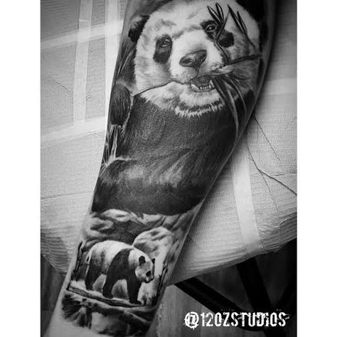 Smaller panda added to an existing black and grey panda bear tattoo by Kevin Soto. Eli Tattoo, Panda Bear Tattoos, Black And Gray Ink Tattoo, Bear Tattoo Designs, Panda Tattoo, Bear Tattoos, Forearm Tattoo Design, Cowgirl Art, Bear Tattoo