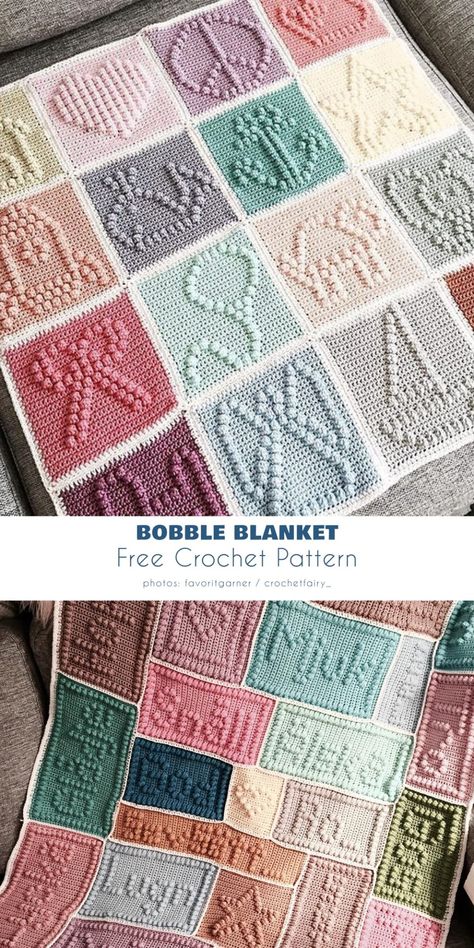 Bobble Afghan Crochet Patterns, Bubble Stitch Crochet Baby Blanket, Crochet Bobble Square Patterns, Bobble Afghan Patterns, Crochet Bobble Stitch Alphabet Free Pattern, Crochet Words On Blanket Free Pattern, Star Bobble Crochet Pattern, Free Baby Blankets Crochet, Crochet Bobble Letters Pattern Free