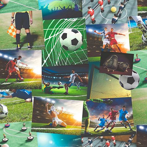 Fine Décor Football Wallpaper - B&Q for all your home and garden supplies and advice on all the latest DIY trends Football Collage, Collage Football, Copper Wallpaper, Old Brick Wall, Feature Wallpaper, Girls Soccer, Diy Wallpaper, Diy Trends, Boys Wallpaper