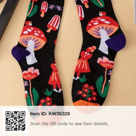 Cartoon Mushroom, Purple Bottom, Trendy Socks, Funky Socks, Women Crew Socks, Women Socks, Fabric Animals, Long Socks, Calf Socks