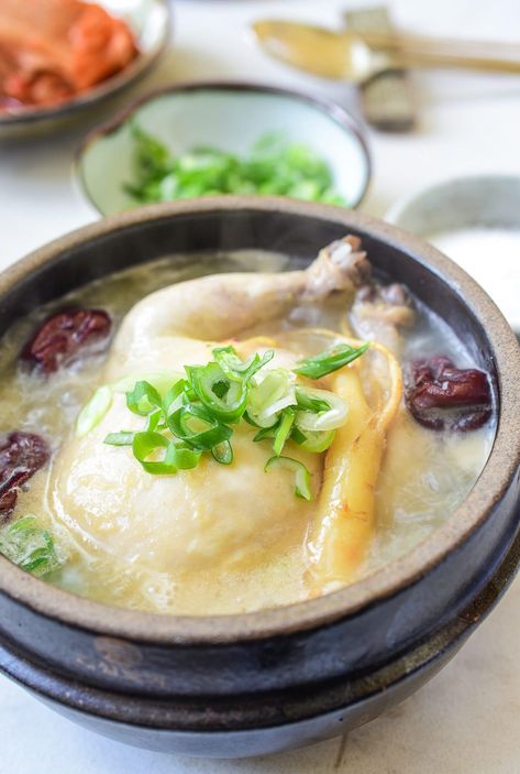 Samgyetang (Ginseng Chicken Soup) Soup With Whole Chicken, Samgyetang Recipe, Korean Chicken Soup, Korean Soup Recipes, Korean Soups, Soup Korean, Korean Bapsang, Ginseng Chicken Soup, Postpartum Meals