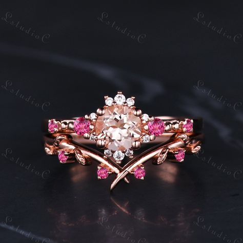 5mm Vintage Morganite Engagement Ring Set Rose Gold Unique Leaf Pink Tourmaline Wedding Ring Set Art Deco Moissanite Branch Bridal Set for Women Side stones: pink tourmaline, Moissanite This ring can also be made in genuine solid 10k, 14k, 18k gold or Platinum, and all the rings in my shop can be customized too! If you want to know more details about the ring, just contact with me anytime! If you want to customize the ring, just contact with me anytime! If you want to make a custom jewelry, just contact with me anytime! PROCESS TIME AND SHIPPING It usually takes about 3-4 weeks to finish the ring and 4-6 days to deliver to you if you are in US. (Free Shipping within US!) We will offer you the tracking number once your ring is shipped. WARRANTY 30 days money back guarantee! If you have any Rose Quartz Ring Engagement, Pink Wedding Rings, Peach Sapphire Engagement Ring, Pretty Engagement Rings, Sapphire Engagement Ring Set, Morganite Engagement Ring Set, Quartz Engagement Ring, Cute Engagement Rings, Morganite Engagement