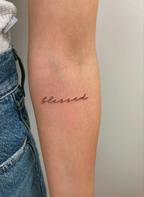 #aesthetic #dainty #fineline #femininity #tattoo Fine Cursive Tattoo Fonts, Strength Fine Line Tattoo, Women Fineline Tattoo, Blessed Script Tattoo, Tattoo Ideas Script, Arm Script Tattoo, Fineline Tattoo Ideas Women, Fineline Word Tattoo, Fineline Arm Tattoo