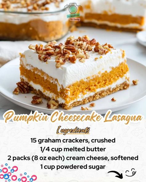 Tasty Treasures: Recipes & More | This Pumpkin Cheesecake Lasagna is the ultimate fall dessert | Facebook Pumpkin Cheesecake Lasagna Dessert, Pumpkin Cheesecake Lasagna Taste Of Home, Pumpkin Cheesecake Lasagne, Pumpkin Cheesecake Lasagna Recipe, Pumpkin Cheesecake Lasagna, Cheesecake Lasagna, Caramel Drizzle, Thanksgiving 2024, Pumpkin Recipes Dessert