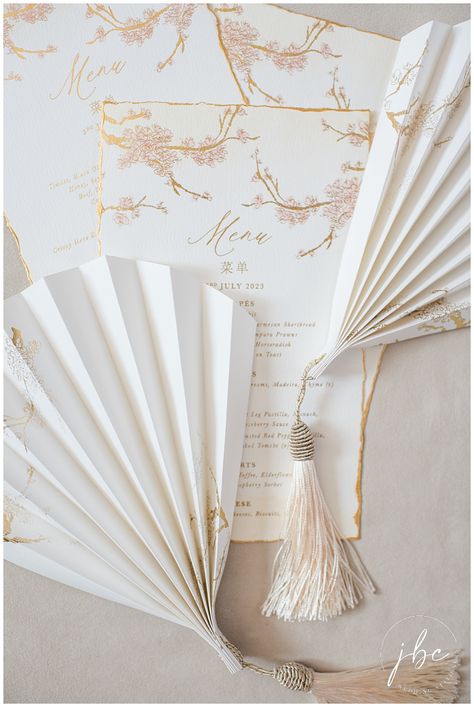 A beautiful wedding favour fan perfect for hot summer weddings or destination weddings. These fans have elegant gold foil details and cream tassels. Made to match all wedding stationery suite. Wedding Invitations With Tassels, Wedding Invitation With Tassel, Fan Invitation Wedding, Fan Souvenir Wedding, Classic Wedding Invitations Gold Foil, Fan Wedding Favors, Fan Favors, Elegant Wedding Stationery, Bespoke Wedding Stationery