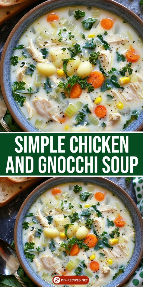 This simple Chicken and Gnocchi Soup recipe is perfect for busy weeknights. Easy to make and full of flavor, it's a winner! Homemade Chicken Gnocchi Soup, Chicken And Gnocci Meals, Chicken And Gnocchi Recipes, Homemade Gnocchi Recipes, Easy Chicken Gnocchi Soup, Gnocchi Chicken Soup, Babyback Ribs Recipe, Chicken And Gnocchi Soup, Chicken And Gnocchi