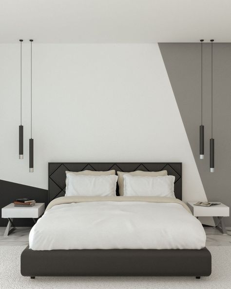 Bed Wall Painting Ideas, Bedroom Wall Pattern, Geometric Wall Paint Black And White, Boy Room Colors Paint, Bedroom Wall Designs Paint Ideas Creative, Wall Painting Ideas Modern, Geometric Wall Bedroom, Bedroom Behind Bed Wall Decor, Wall Design Behind Bed