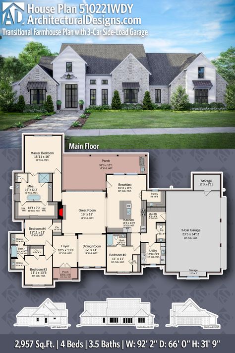 2500 Sq Ft House Plans, Modern Traditional Farmhouse, Farmhouse Floorplans, Open Concept Design, Modern Farmhouse Cottage, Transitional Farmhouse, French Country House Plans, Room With A View, Beautiful Home Designs