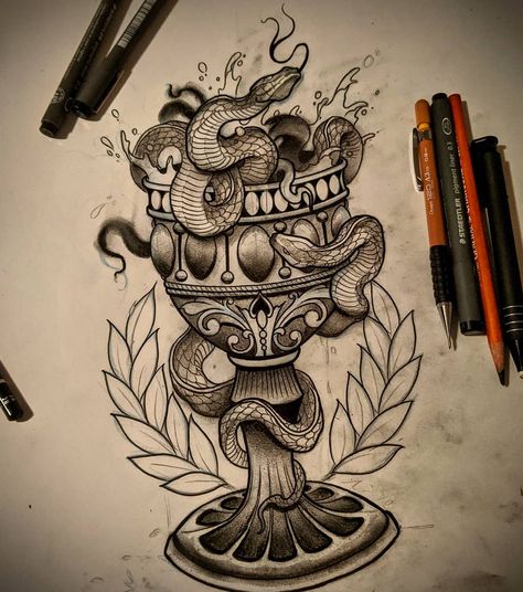 536 Likes, 20 Comments - Mike Mullaney (@miketattoo11) on Instagram: “I drew this goblet of snakes.  What do you guys think? Who else is drawing tonight?!?! Who's…” Book Inspired Tattoos, Snake Tattoo, Tattoo Styles, Inspirational Tattoos, Blackwork, Skull Tattoo, Tatting, Tattoo Designs, Tattoos