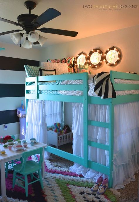 ikea bunk bed hack, bedroom ideas, painted furniture, reupholster Ikea Bunk Bed Hack, Bunk Bed Hacks, Ikea Bunk Bed, Handmade Presents, Diy Bunk Bed, Girls Room Design, Presents Christmas, Bunk Bed Designs, Kids Bunk Beds