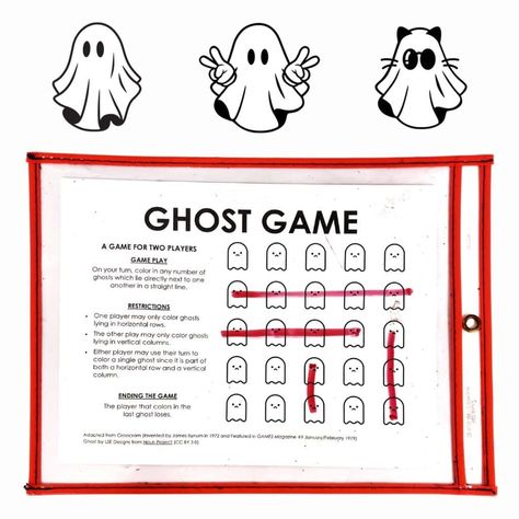 The Ghost Game is a fun two player game which involves coloring in or covering up ghosts arranged in a 5 x 5 grid. The player that colors in the last ghost loses. Math Games For Middle School, Math Stem Activities, Taboo Cards, Halloween Math Games, Math Vocabulary Words, Game Math, Halloween Math Activities, Halloween Themed Activities, Shy Kids