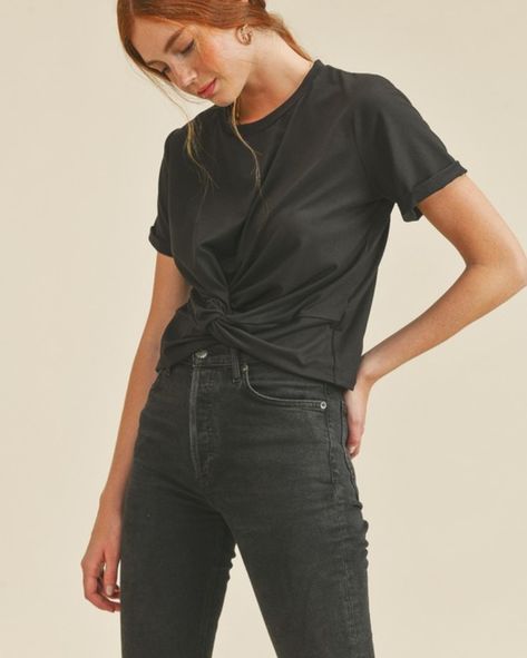 Our new arrivals were a HIT yesterday!!! I love a really good basic with a literal twist - or a good shoulder! Closed today, Monday & Tuesday! Be back in on Wednesday!!! Essential Wardrobe Pieces, Knot Crop Top, Black Crop Tee, Tshirt Knot, Knotted Blouse, Usa Outfit, Twist Knot, Crew Neck Shirt, Cute Skirts