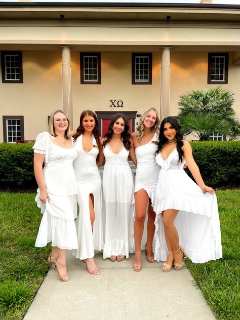 White dresses for recruitment White Dress Sorority Recruitment, Sorority Recruitment Dresses, Chi Omega Recruitment, Recruitment Dresses, Event Attire, Sorority Recruitment, Long White Dress, Chi Omega, White Dresses