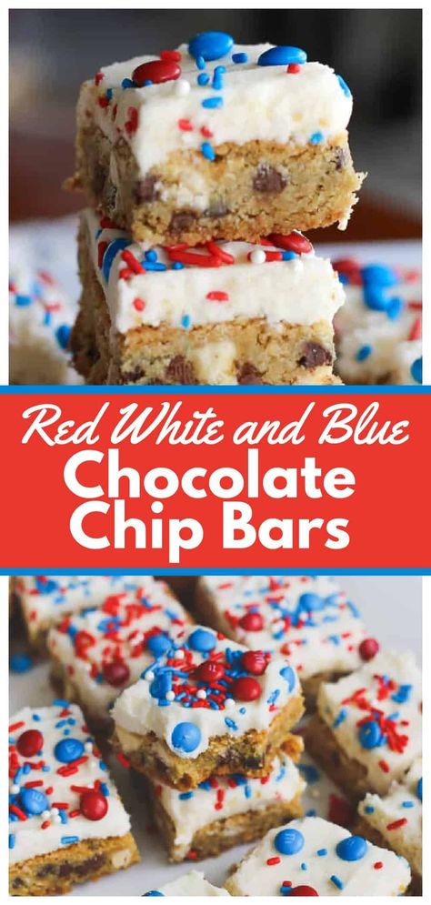 Looking for the perfect 4th of July party food or treat? Try our homemade Red White and Blue Chocolate Chip Cookie Bars. These chewy and buttery cookie bars have a delicious balance of vanilla milk chips and chocolate chips, and are topped with a tempting layer of vanilla buttercream and red, white, and blue decorations for a patriotic touch. Impress your guests with this easy and delicious chocolate chip cookie bar recipe that's perfect for your 4th of July treats. Chips And Chocolate, 4th July Food, Chocolate Chip Bars, Patriotic Desserts, Blue Desserts, 4th Of July Desserts, Vanilla Milk, Chocolate Chip Cookie Bars, Fourth Of July Food