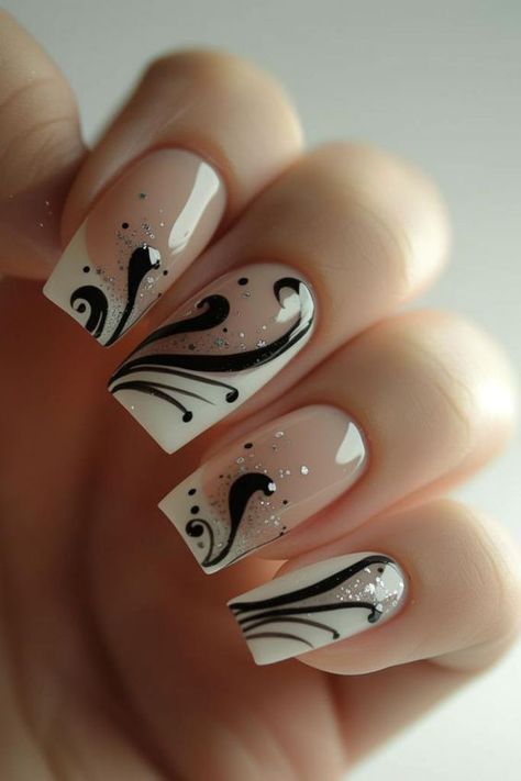 Gel Nails Swirls, Classy White Nails With Designs, Nail Design Ideas Square, Elegant Black And White Nails, Black And White Gel Nail Designs, Gorgeous Nails Short, Black And White Simple Nails, White Fancy Nails, Black And White Nail Designs Elegant