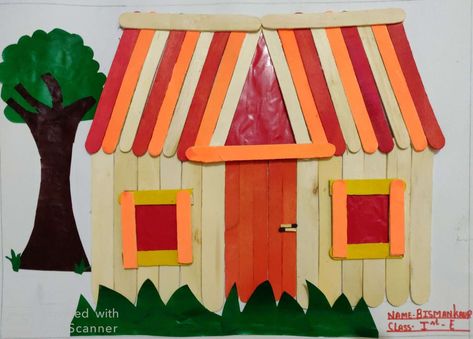 House made of Ice cream sticks and glaze paper House With Ice Cream Sticks, Ice Cream Stick House, Popsicle House, Simple House Drawing, Drawing Pictures For Kids, Stick House, Paper Ice Cream, Ice Cream Stick Craft, Ice Cream Sticks