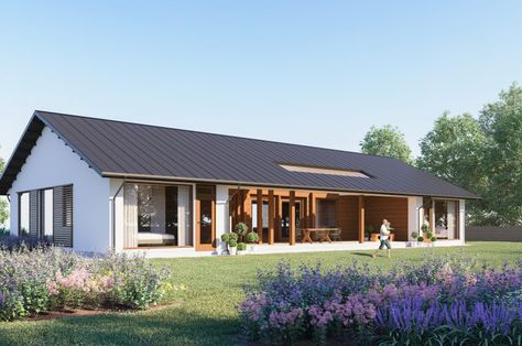 The large window surfaces, partially shielded by wooden lattice-work give structure to the Apollo facade. Adjusting the layout is easy: the kitchen, dining and living areas are located in the centre of the house, opening up in two directions across the interior, and you can adapt the floor area allocation to suit your own personal requirements. Dröm Hus Planer, Farmhouse Layout, Log Home Kits, Home Designs Exterior, Home Kits, Log Home Decorating, Long House, Modern Barn House, Cabin Kits