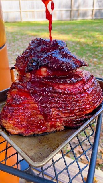 Breanna Stark on Instagram: "Smash or Pass? Raspberry Bourbon Glazed Ham 🤤 Start with a bone-in ham. This one was spiral sliced, but a whole unsliced ham works fine! Slather it in mustard, then season it with your favorite pork rub. I used the Notorious PIG by @psseasoning 🔥 Then I fired up the @oklahomajoes Bronco Pro to 250°F with oak lump charcoal and a few chunks of pecan wood. Place your ham directly on the grates and let it smoke for a couple hours until it hits about 130°F internal. Bourbon Ham Glaze, Smoked Ham Glaze, Chuckwagon Cooking, Bourbon Glazed Ham, Smoked Ham Recipe, Ham Recipes Baked, Chuck Roast Recipes, Smoked Turkey Recipes, Ham Glaze Recipe