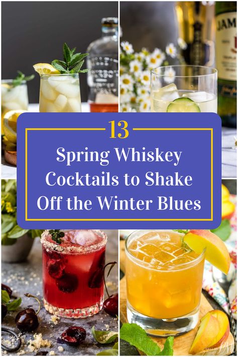 Collage of 4 spring whiskey cocktails. Summer Whisky Cocktails, Whiskey Wedding Cocktails, Spring Whiskey Cocktails, Whiskey Summer Cocktails, Sweet Whiskey Cocktails, Scotch Whiskey Cocktails, Good Whiskey Drinks, Best Whiskey Cocktails, Whiskey Cocktail Recipes