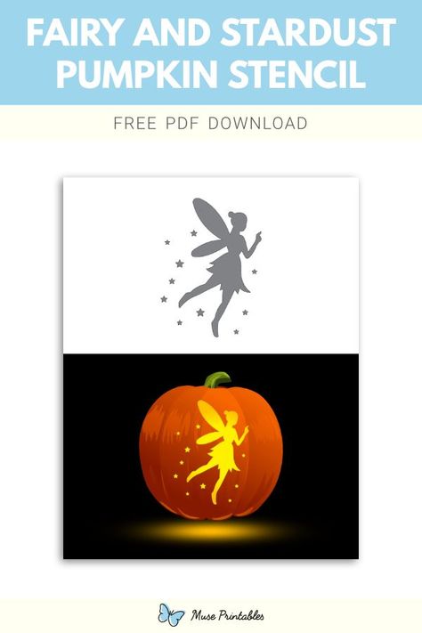 Free printable fairy and stardust stencil for pumpkin carving. Download it at https://museprintables.com/download/pumpkin-stencil/fairy-and-stardust/ Fairy Pumpkin Carving, Stencil For Pumpkin Carving, Fairy Pumpkin, Pumpkin Carving Stencil, Printable Pumpkin Stencils, Pumpkin Stencils Free, Pumpkin Carving Stencils, Halloween Pumpkin Carving Stencils, Carving Stencils