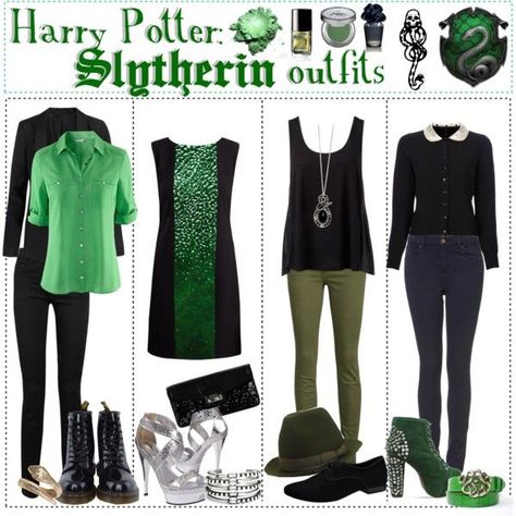 Slytherin: House of the Ambitious, Shrewd, and Cunning. - "Harry Potter: Slytherin Outfits" by roseygal-16 on Polyvore Harry Potter Slytherin Outfits, Slytherin Clothes, Slytherin Outfit, Slytherin Fashion, Stile Harry Potter, Harry Potter Slytherin, Harry Potter Style, Nerd Fashion, Character Inspired Outfits