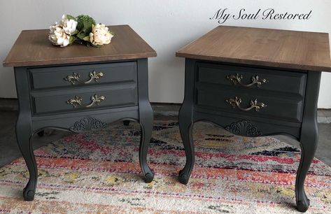 This sweet set of French provincial end/side tables has been painted in a warm black chalk paint and then some dark wax. We added a little rustic touch by adding some distressed plank tops. I can see these as the perfect set of bedside tables 😍 22” h x 21” w x 26” d $135 set #tables #chalkpaintedfurniture #mysoulrestored #furnituremakeover French Side Table Makeover, Painting Bedroom Side Tables, Bedside Table Renovation, Redoing Side Tables Ideas, Black French Provincial Furniture, Side Table Redo Ideas, Black French Provincial Bedroom, Chalk Paint Side Table, Chalk Paint End Tables