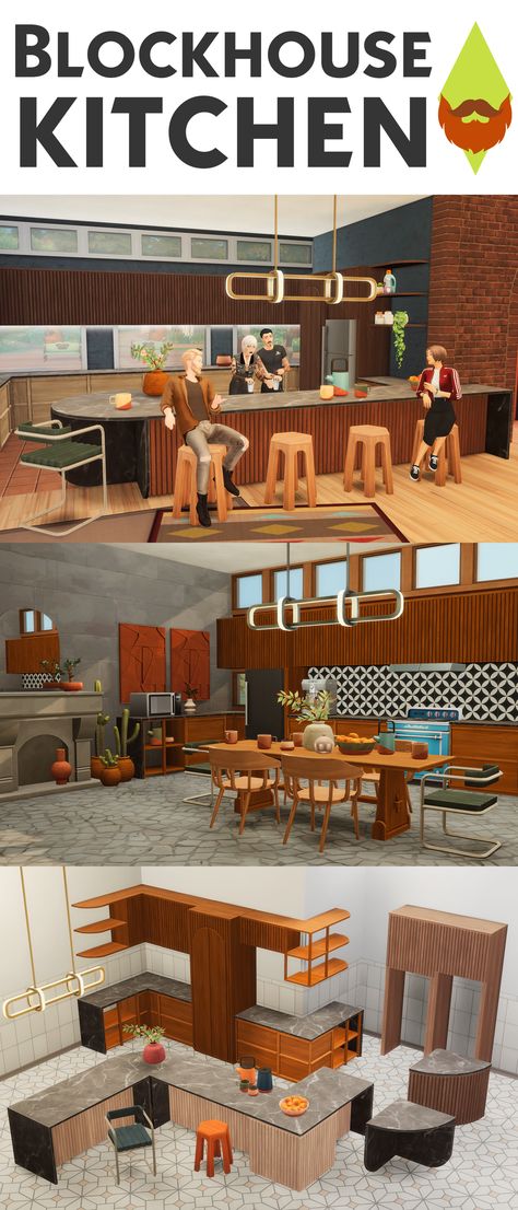 Blockhouse Kitchen | Patreon Sims Kitchen, Sims 4 Restaurant, Sims 4 Custom Content Patreon, 80s Kitchen, Sims 4 Cheats, Sims 4 Kitchen, Pantry Room, Asian Kitchen, Brown Kitchens