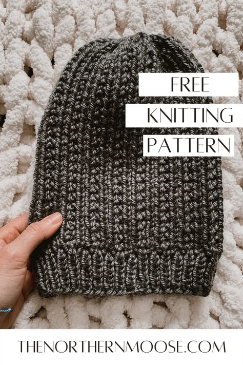 Free Easy Knit Hats For Beginners, Free Knit Slouchy Hat Pattern, Mens Slouchy Beanie Knit Pattern Free, Men Beanie Knit Pattern, One Ball Of Yarn Knitting Projects, Knit Hat Patterns For Men, Knitted Mens Hats Patterns Free, Mens Knit Beanie Pattern Free, Free Knit Hat Patterns For Women