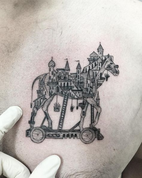 Bombayfoor on Instagram: “One of my fav 🐴 Trojan horse #darkartist #blackworkerssubmission #btattooing #onlyblackart #tattoo #tattoos #modernart#tattooart…” Trojan Horse Tattoo, Odysseus Tattoo, Greek God Tattoo, Tattoo Meanings, Greek Mythology Tattoos, God Tattoos, Trojan Horse, Mythology Tattoos, Red Tattoos