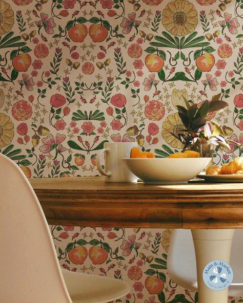 Jude Maguire on Instagram: “Garden Bounty • Peach • I usually gravitate to a seaside beachy palette 🌊 but there’s something about my Garden Bounty in Peach 🌻 that…” Boutique Wallpaper, Coastal Palette, Pantry Remodel, Dining Room Paint, Peach Wallpaper, Hearth Room, Fruit Wallpaper, Whimsical Home, Fruit Flowers