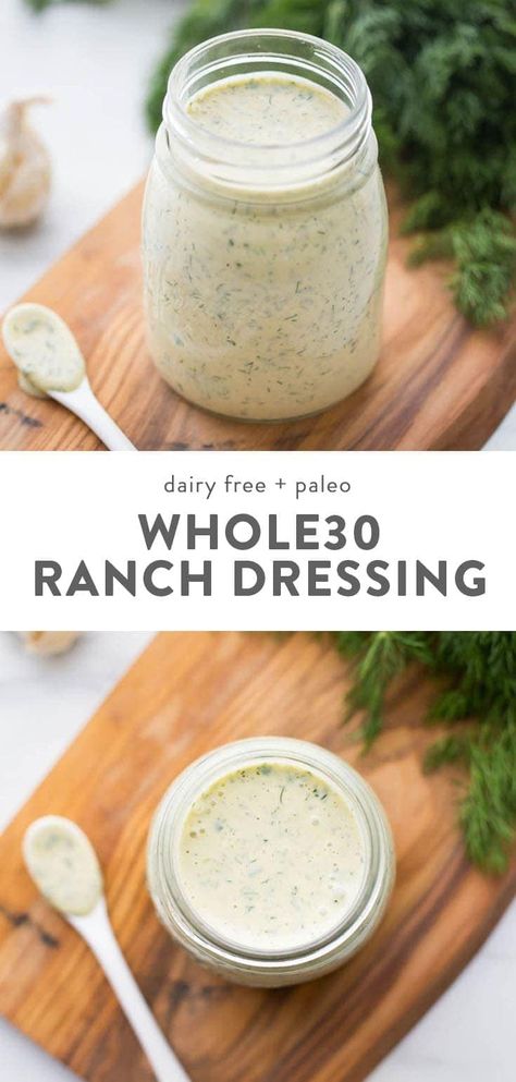 This Whole30 ranch dressing recipe is creamy, garlicky, and loaded with fresh herbs. This "dump ranch" dressing is definitely the best Whole30 ranch dressing you'll ever taste and beyond quick and easy, too. It's dairy free, paleo, healthy, and made with olive oil, avocado oil, or coconut oil (and plenty of garlic and herbs!). #whole30 #dairyfree Whole30 Ranch, Dump Ranch, Paleo Ranch Dressing, Dairy Free Ranch Dressing, Dairy Free Bread, Dairy Free Snacks, Ranch Dressing Recipe, Dairy Free Breakfasts, Ranch Recipe